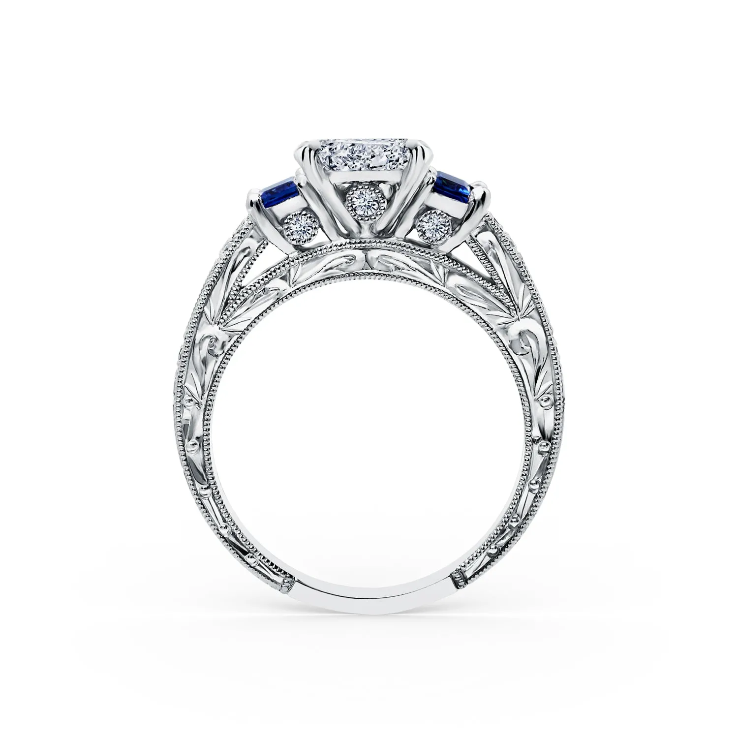 Deco Three Stone Engraved Blue Sapphire Ring with 1 1/2ct Emerald Certified Lab Diamond Center sold by Kirk Kara product image thumbnail 4