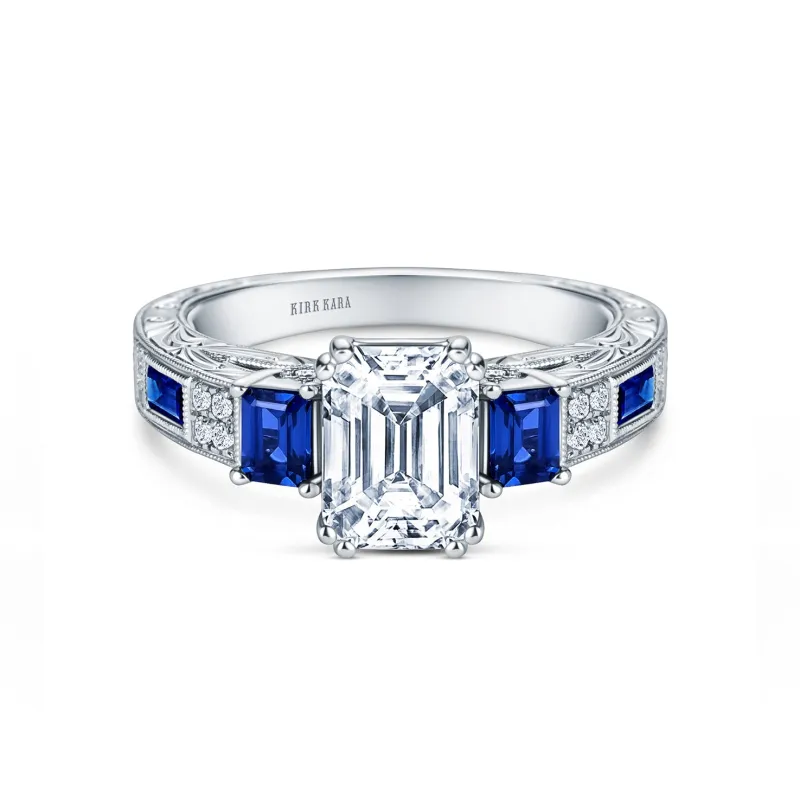 Deco Three Stone Engraved Blue Sapphire Ring with 1 1/2ct Emerald Certified Lab Diamond Center sold by Kirk Kara