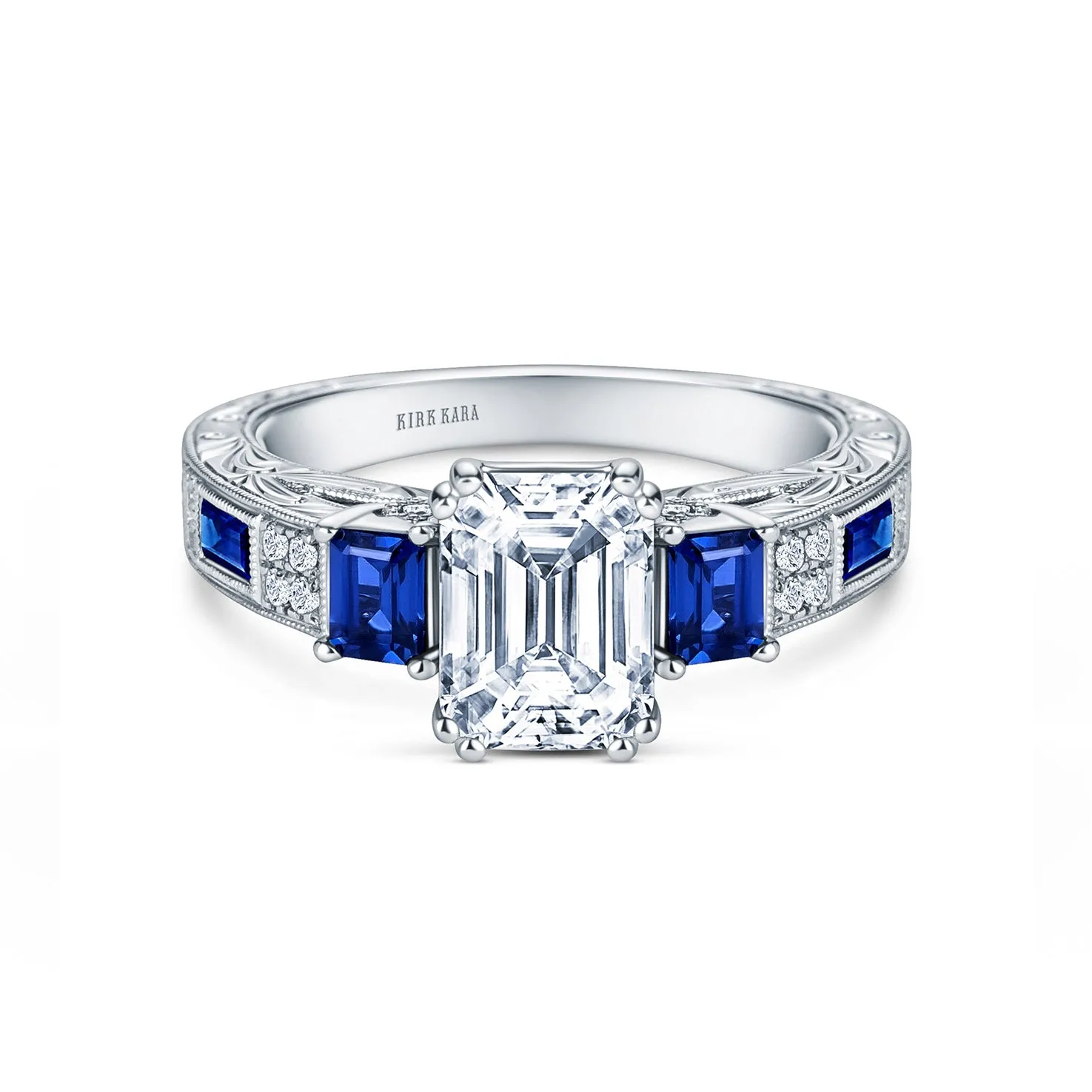 Deco Three Stone Engraved Blue Sapphire Ring with 1 1/2ct Emerald Certified Lab Diamond Center sold by Kirk Kara