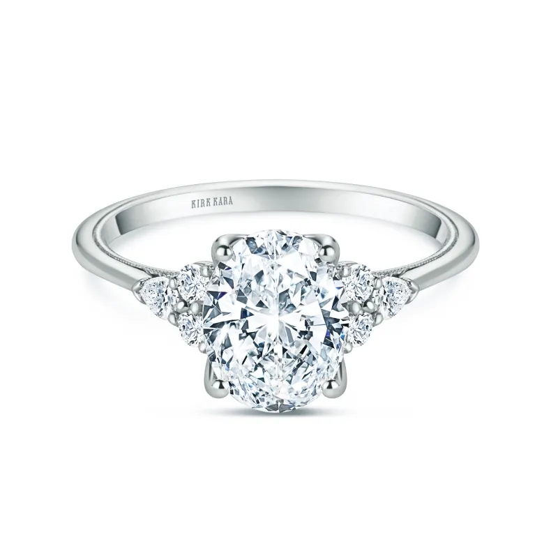 White Classic Pear Round Side Stone Ring with 1 1/2ct Oval Certified Lab Diamond Center sold by Kirk Kara
