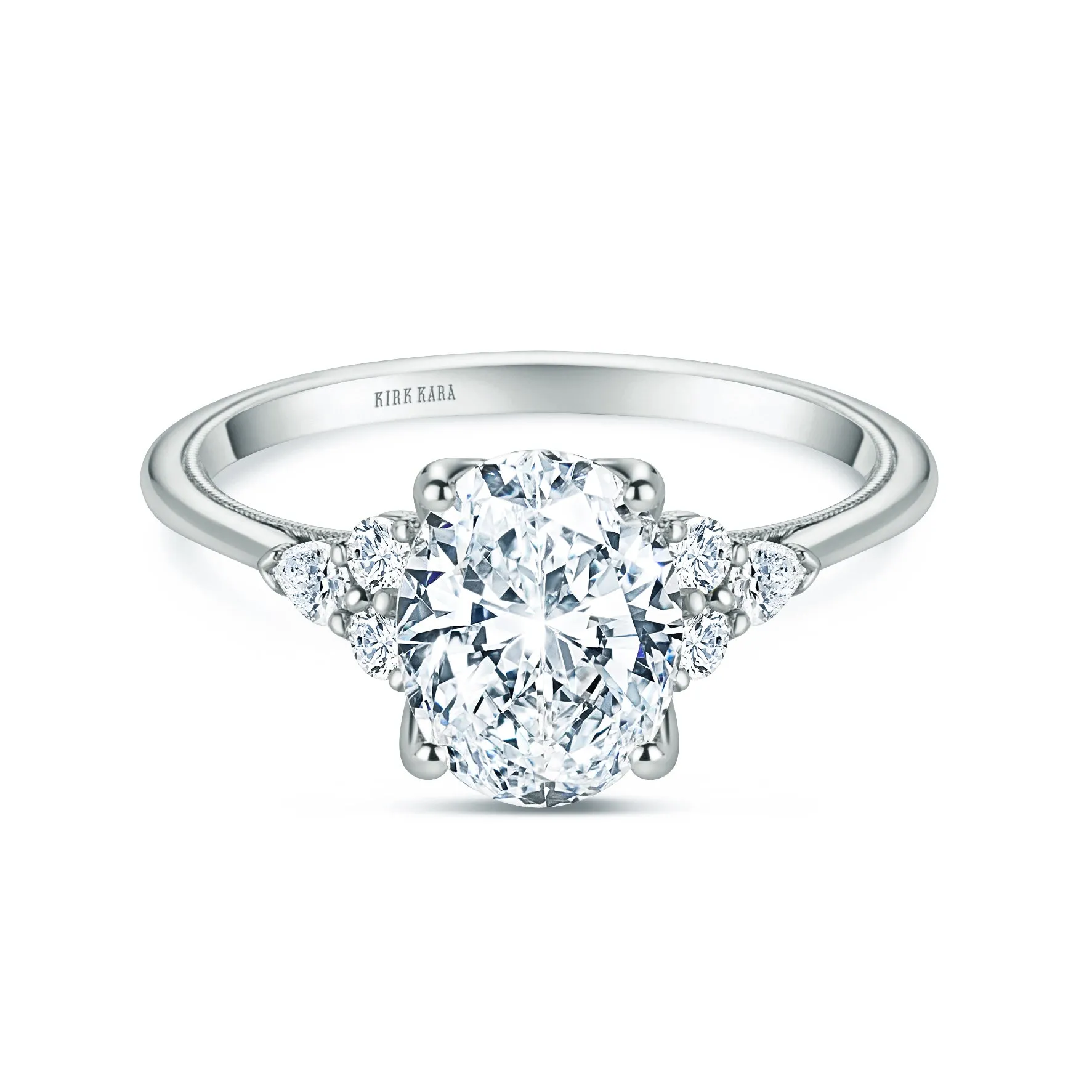 White Classic Pear Round Side Stone Ring with 1 1/2ct Oval Certified Lab Diamond Center sold by Kirk Kara