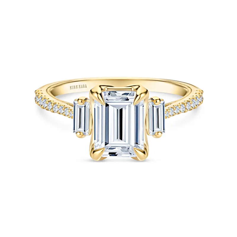 Yellow Three Stone Baguette Ring with 1 1/2ct Emerald Certified Lab Diamond Center sold by Kirk Kara