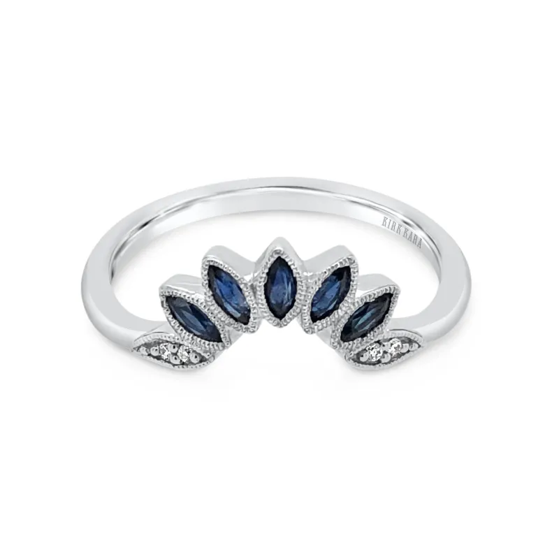 White Floral Blue Sapphire Boho Contoured Diamond Wedding Band sold by Kirk Kara