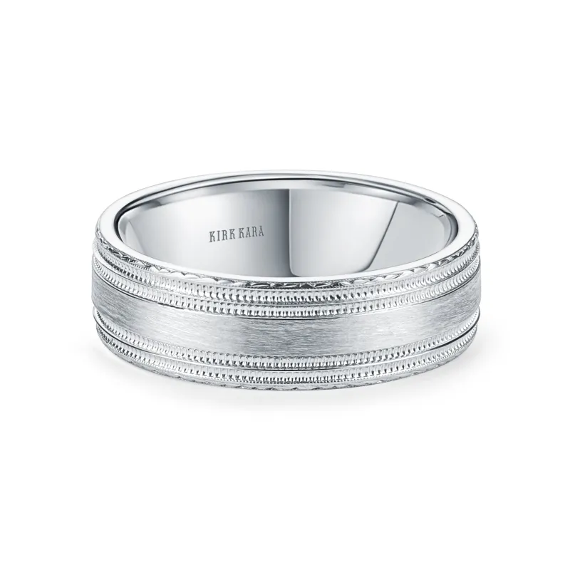 White Double Milgrain Engraved Edge Satin Wedding Band, 7mm sold by Kirk Kara