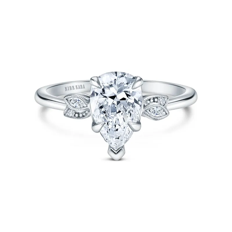 White Floral Leaf Delicate Ring with 1 1/4ct Pear Certified Lab Diamond Center sold by Kirk Kara