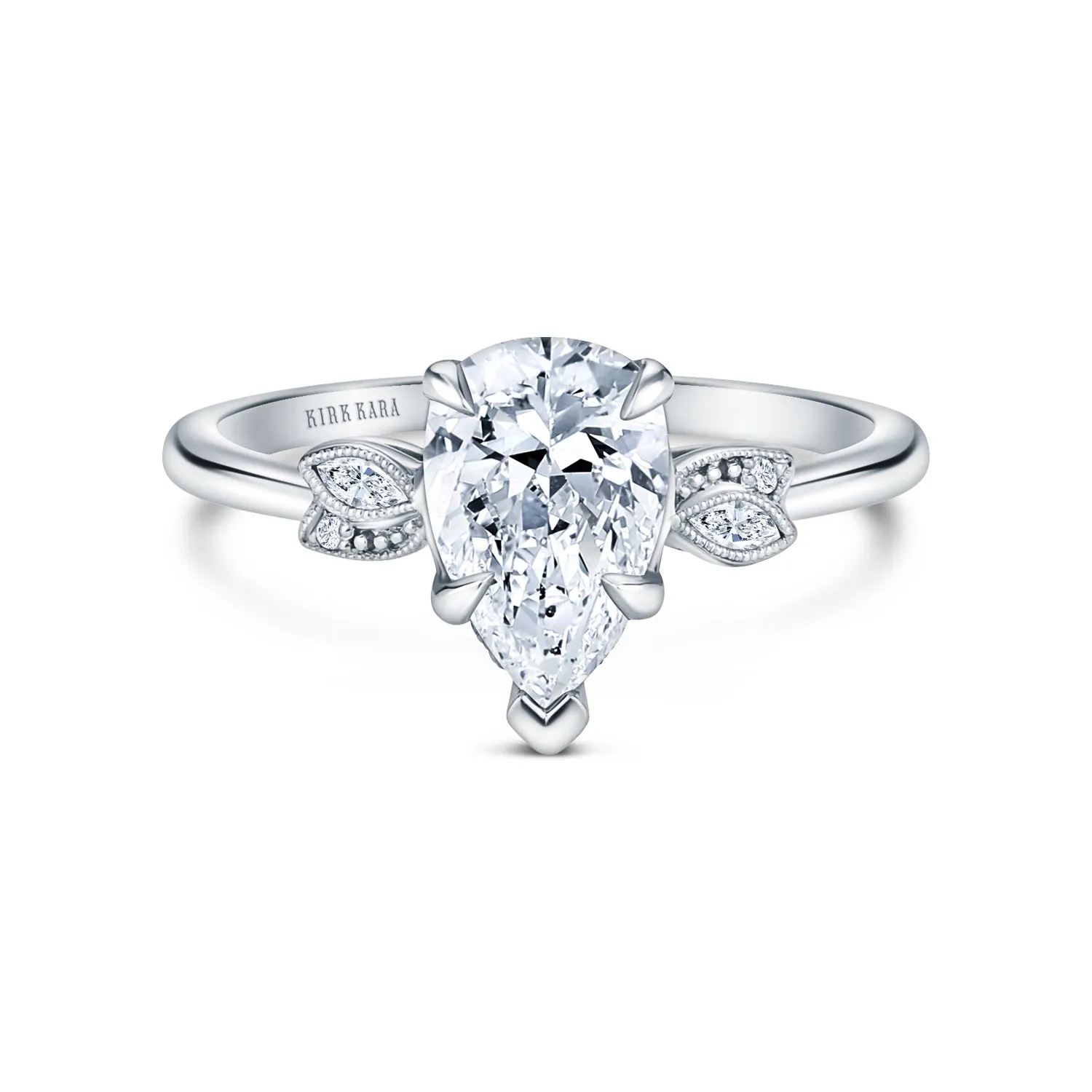 White Floral Leaf Delicate Ring with 1 1/4ct Pear Certified Lab Diamond Center sold by Kirk Kara