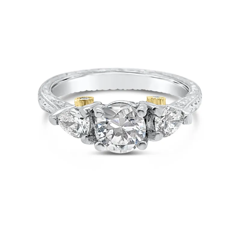 Platinum Two Tone Three Stone Diamond Engagement Ring sold by Kirk Kara
