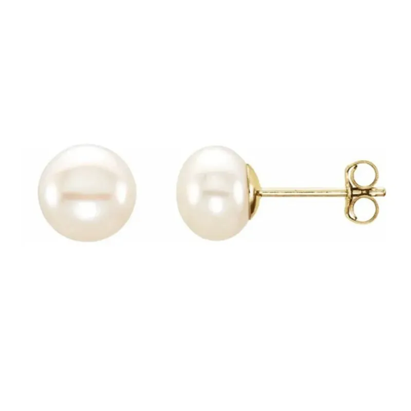 14K Yellow Gold 6-7mm Cultured White Freshwater Button Pearl Earrings sold by Kirk Kara