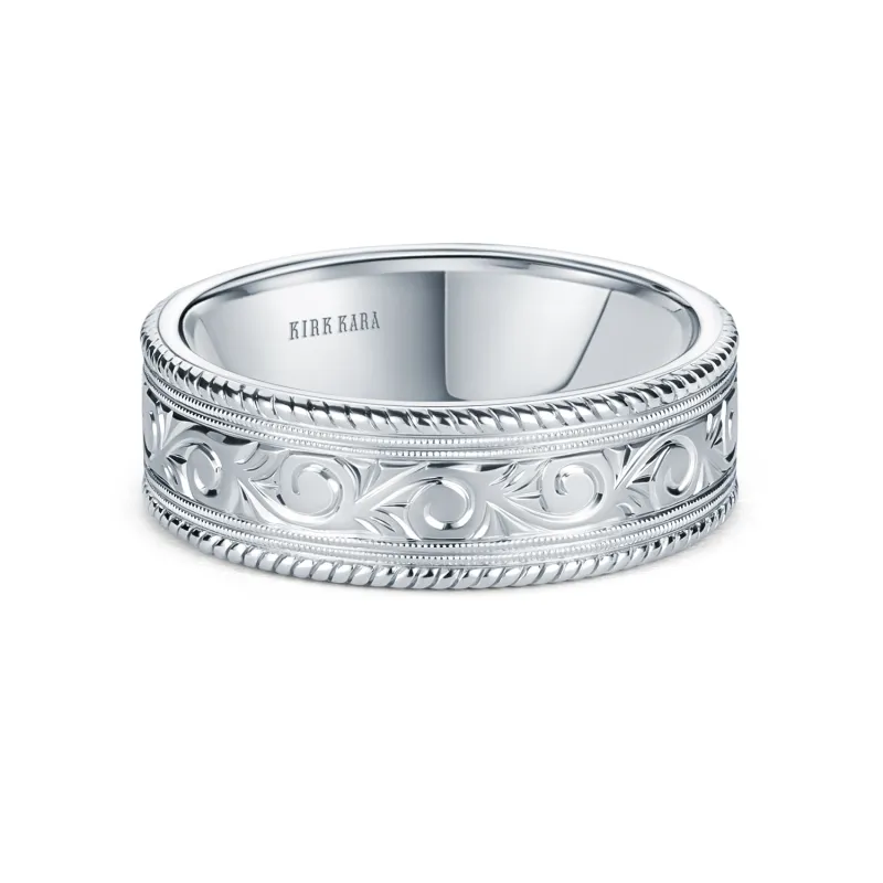 Scroll Engraved Rope Milgrain Wedding Band, 7.50mm made by Kirk Kara