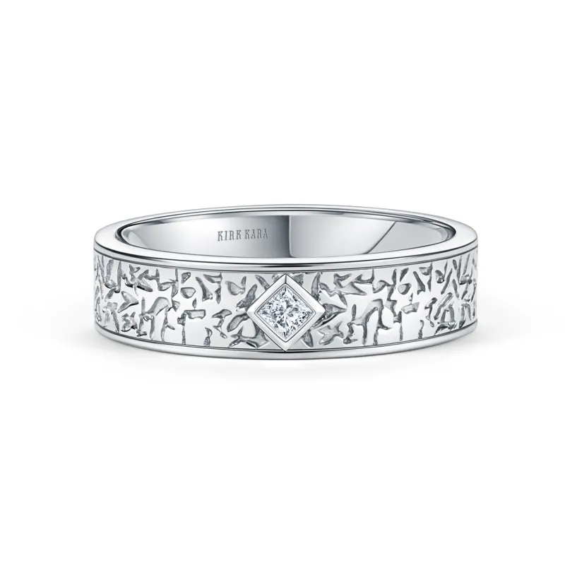 Thin Bezel Diamond Nugget Engraved Wedding Band, 5mm made by Kirk Kara