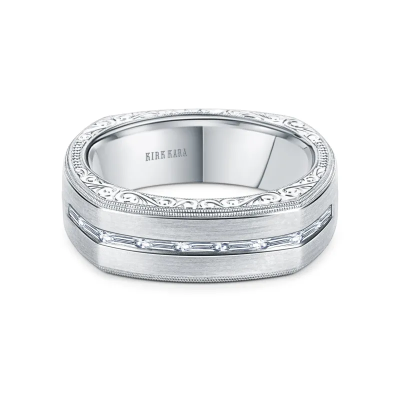 Square Baguette Diamond Engraved Wedding Band, 7mm made by Kirk Kara
