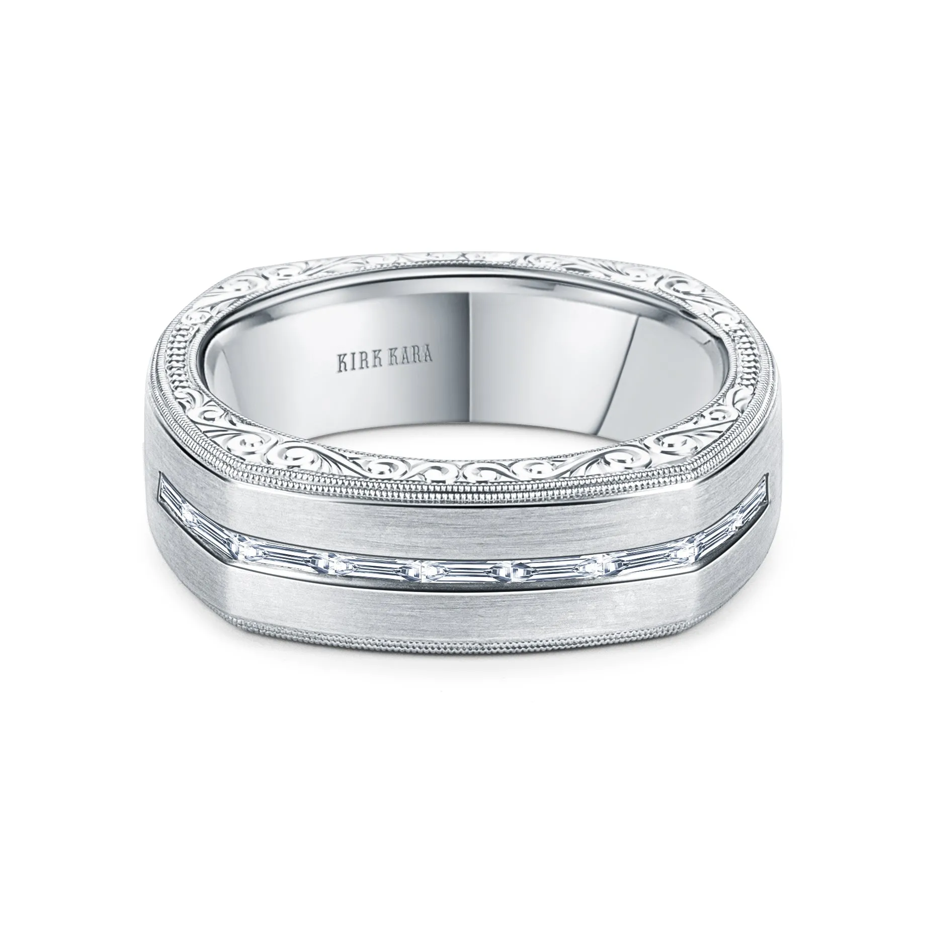 Square Baguette Diamond Engraved Wedding Band, 7mm sold by Kirk Kara