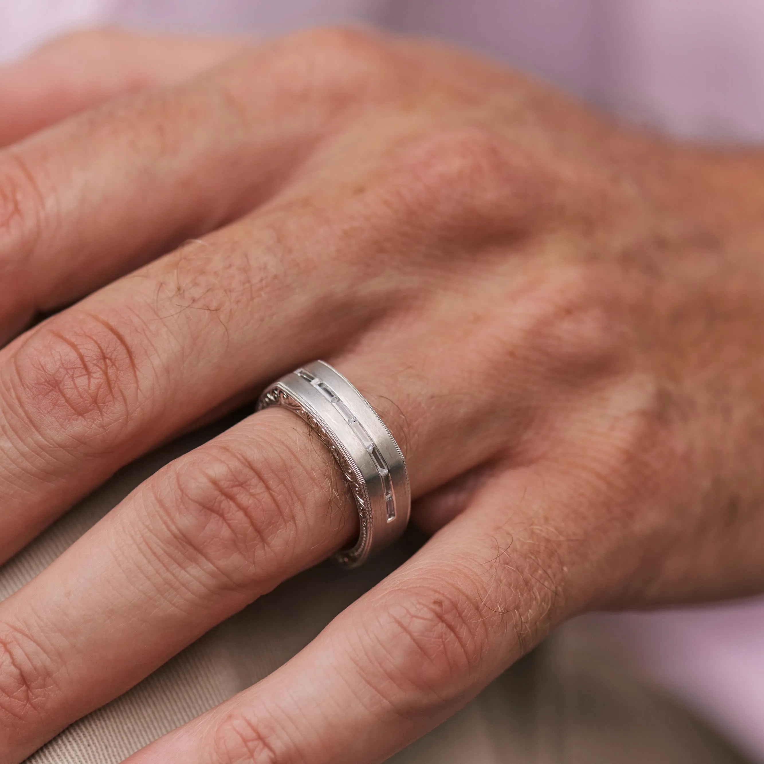Square Baguette Diamond Engraved Wedding Band, 7mm sold by Kirk Kara product image thumbnail 2