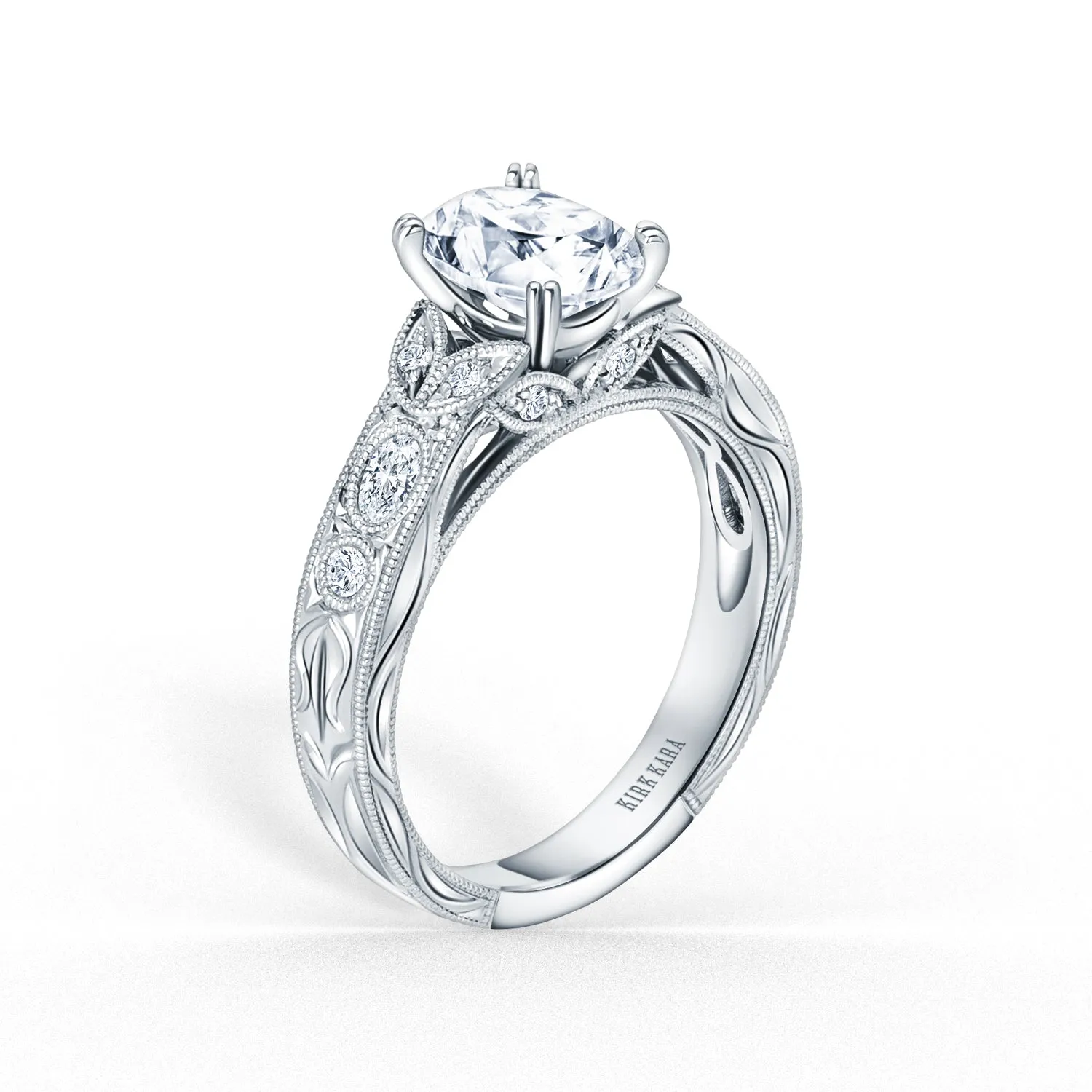 Leaf Oval Accent Diamond Engagement Ring sold by Kirk Kara product image thumbnail 3