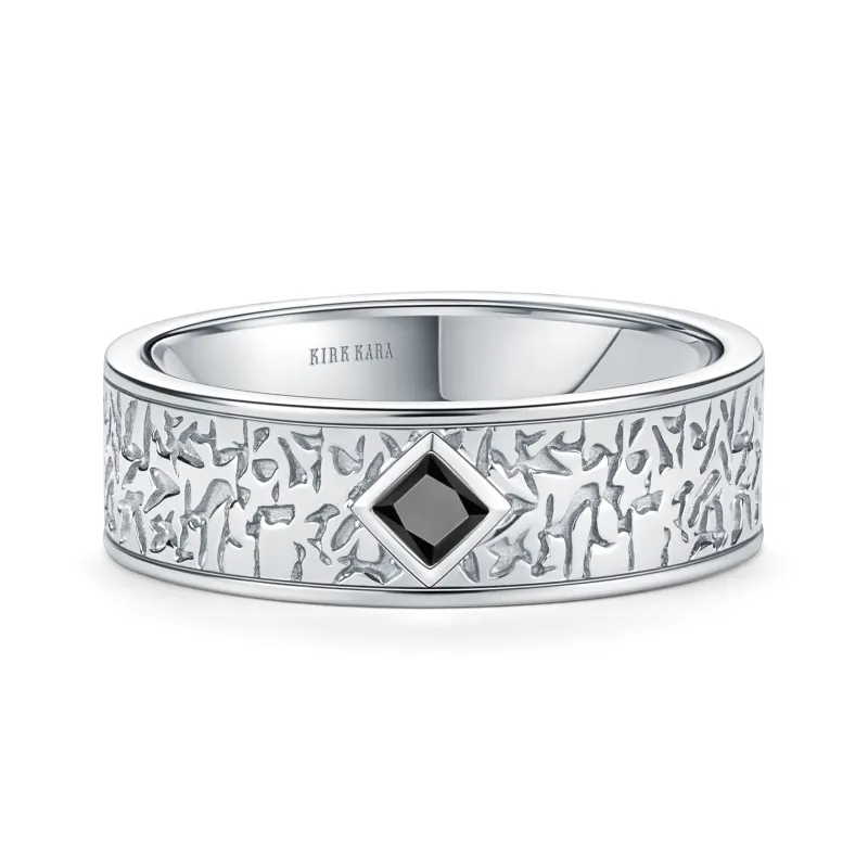 Bezel Black Diamond Nugget Engraved Wedding Band, 7mm made by Kirk Kara