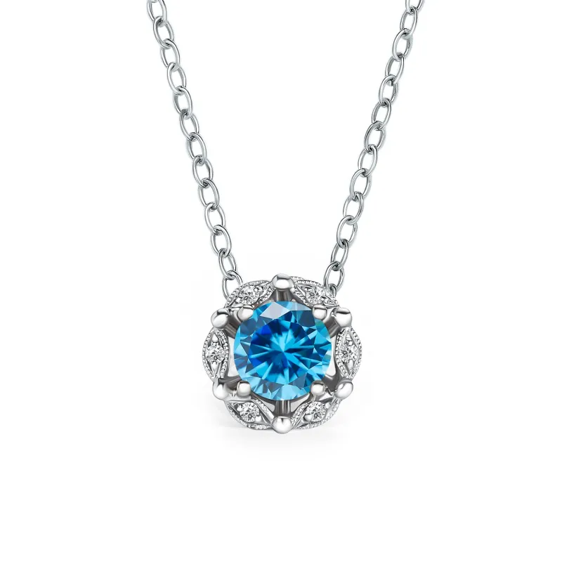 Delicate Floral Swiss Blue Topaz Lab Grown Diamond Necklace made by Kirk Kara