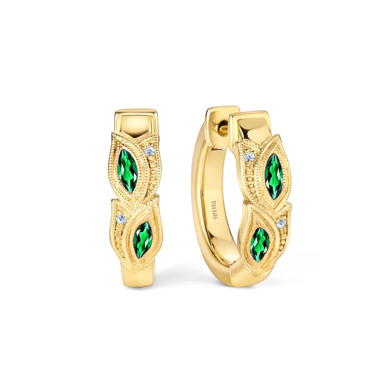 Botanical Floral Tsavorite Marquise Hoop Earrings made by Kirk Kara