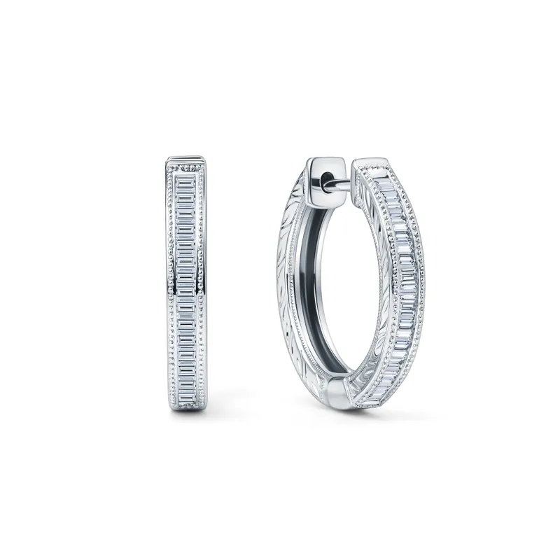 Channel Set Milgrain Baguette Diamond Hoop Earrings made by Kirk Kara