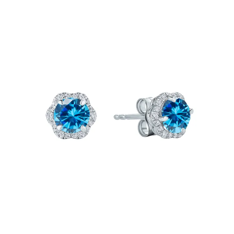 Floral Milgrain Swiss Blue Topaz Lab Grown Diamond Stud Earrings made by Kirk Kara