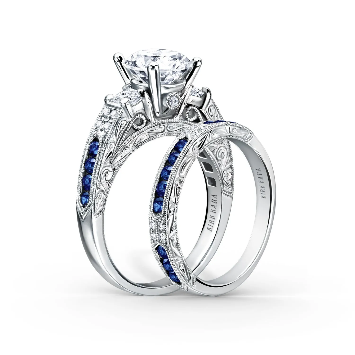 Engraved Deco Blue Sapphire Diamond Three Stone Engagement Ring sold by Kirk Kara product image thumbnail 3