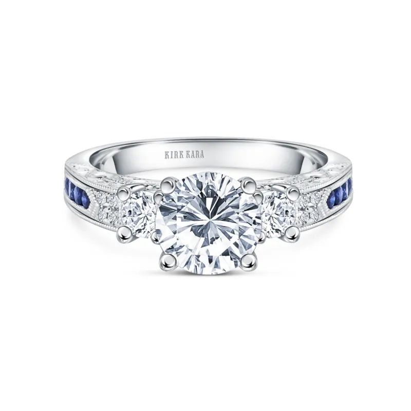Engraved Deco Blue Sapphire Diamond Three Stone Engagement Ring sold by Kirk Kara