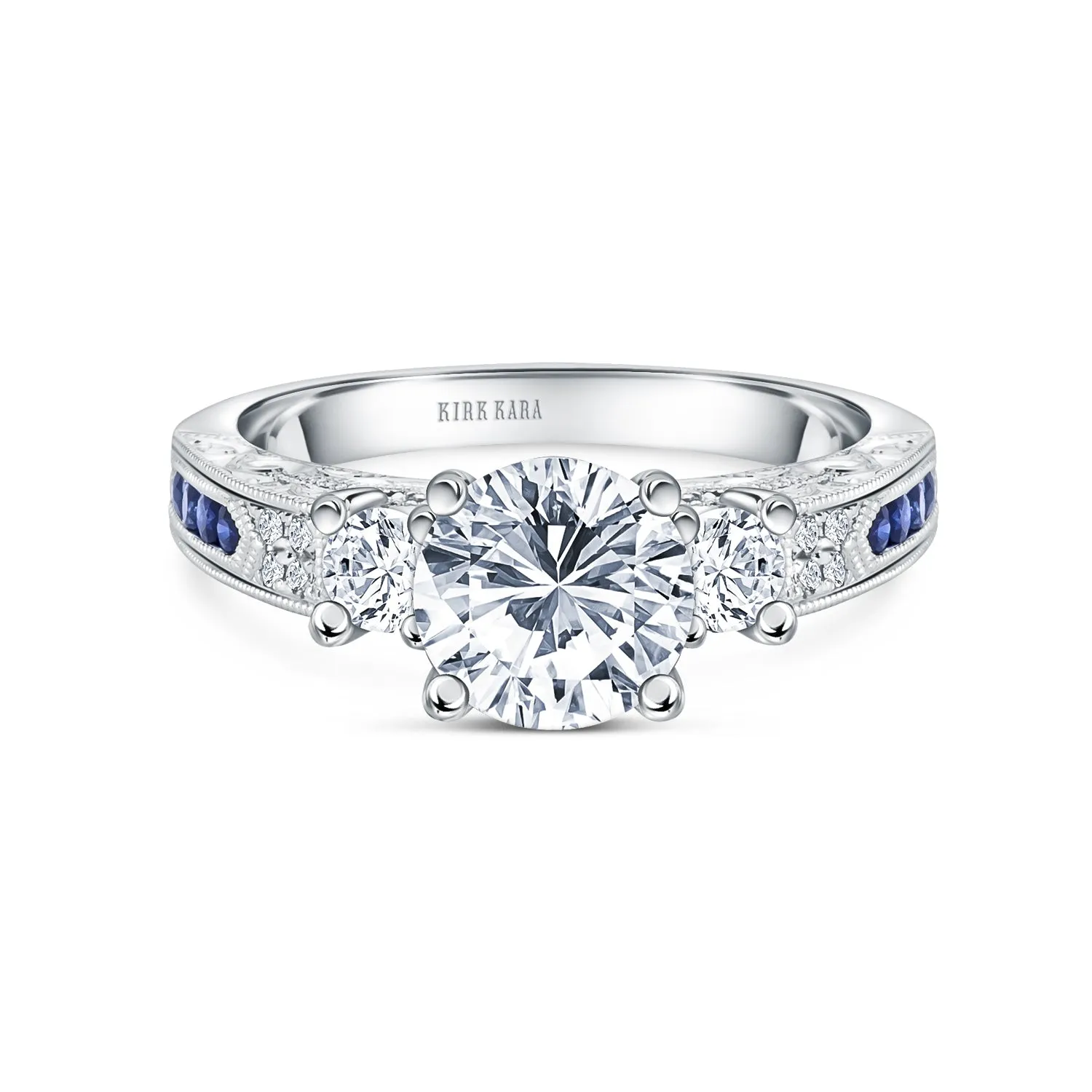 Engraved Deco Blue Sapphire Diamond Three Stone Engagement Ring sold by Kirk Kara