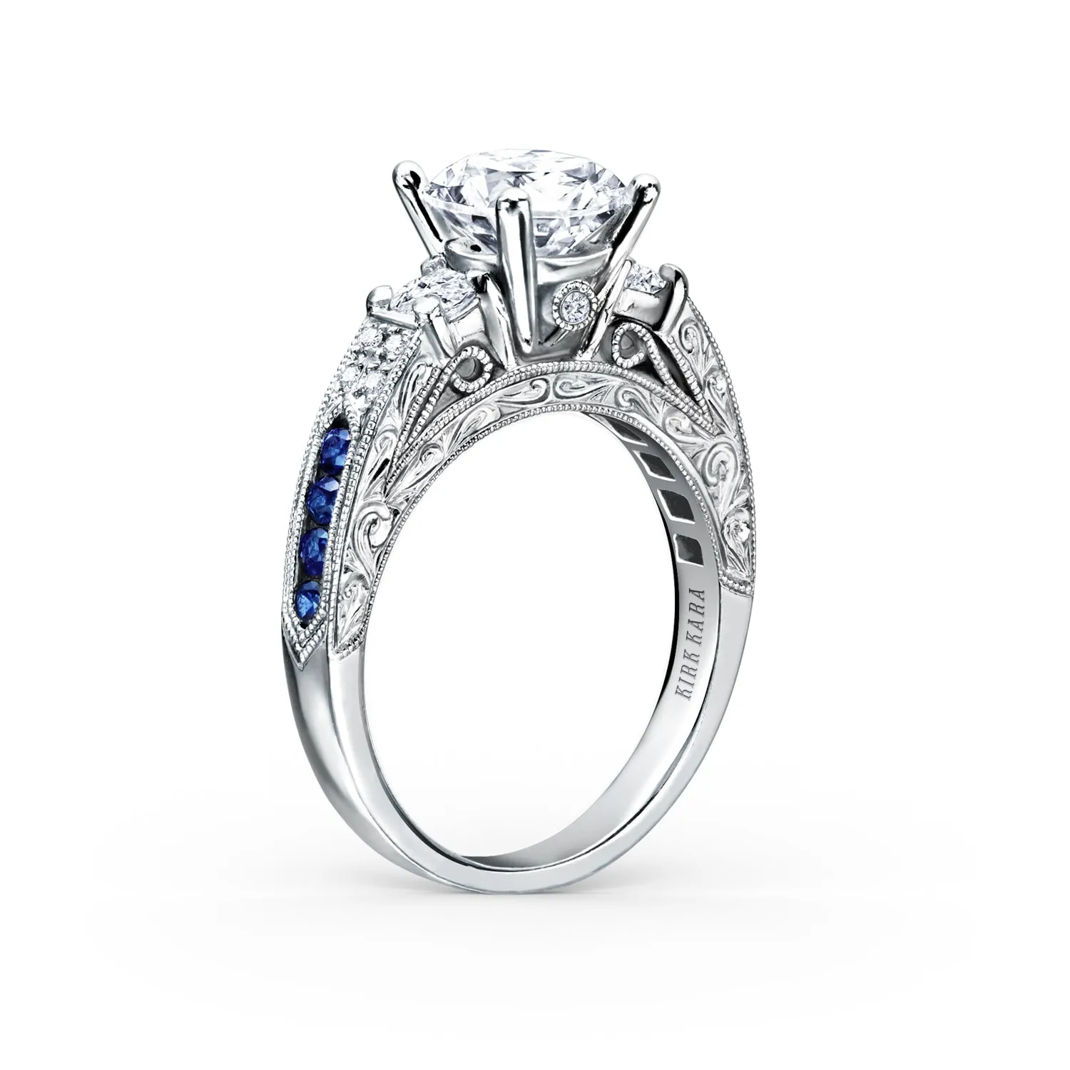 Engraved Deco Blue Sapphire Diamond Three Stone Engagement Ring sold by Kirk Kara product image thumbnail 2