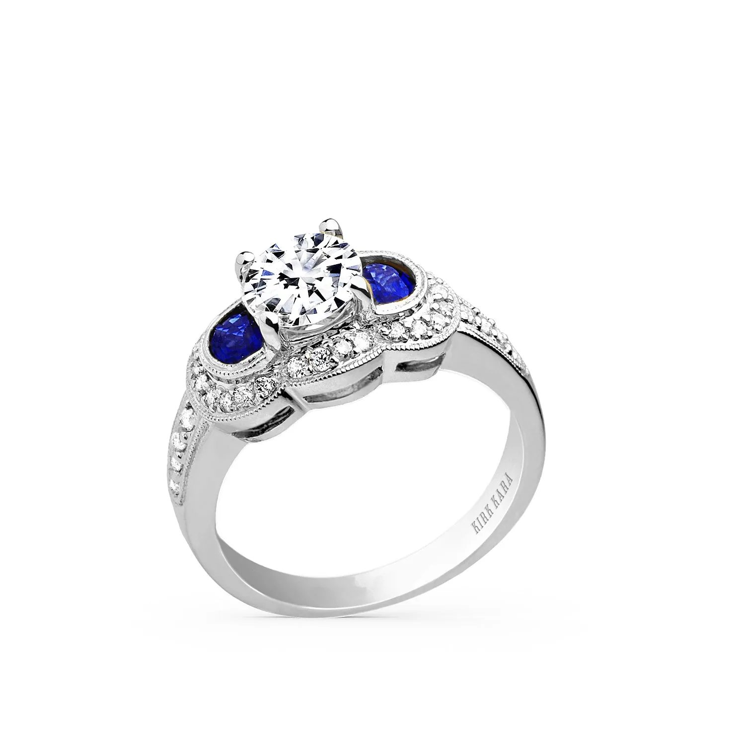 Sapphire Art Deco Three Stone Diamond Engagement Ring sold by Kirk Kara product image thumbnail 2