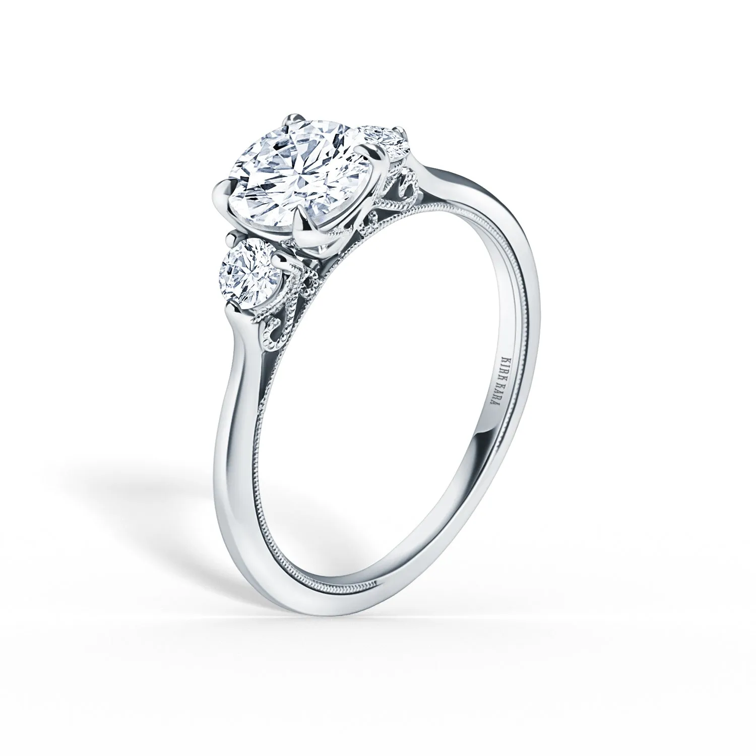 Three Stone Round Side Stone Diamond Engagement Ring sold by Kirk Kara product image thumbnail 3