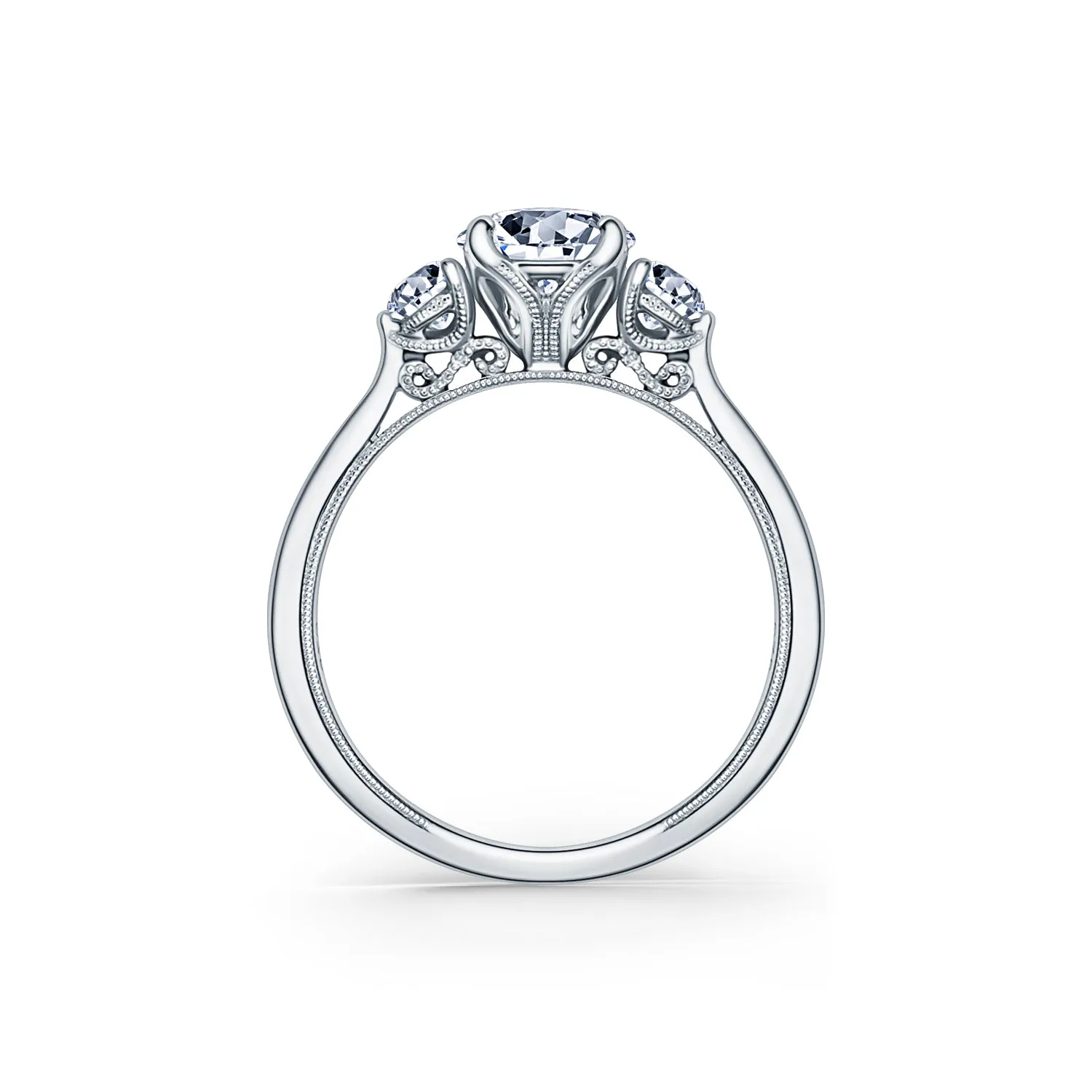 Three Stone Round Side Stone Diamond Engagement Ring sold by Kirk Kara product image thumbnail 4