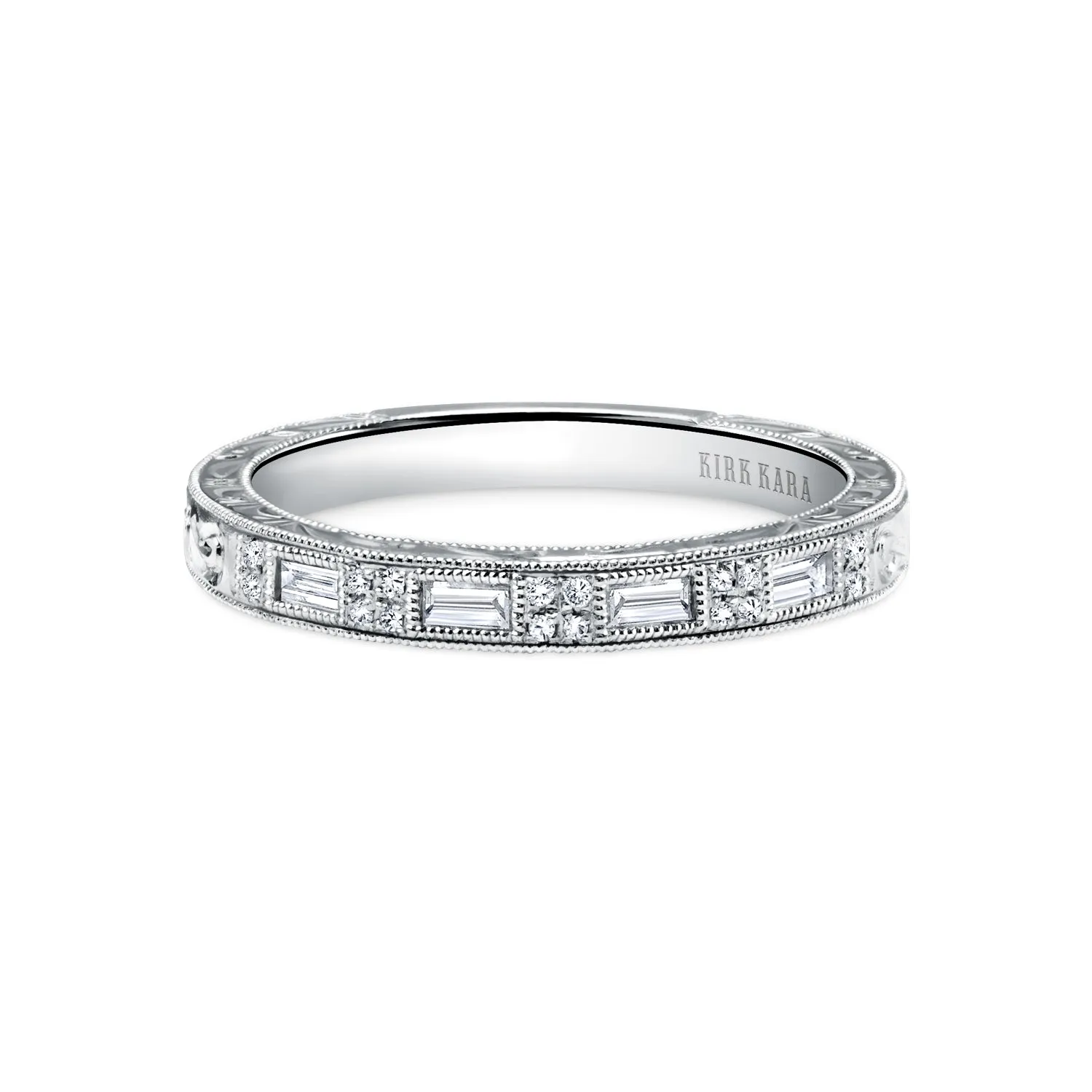 Baguette Diamond Scroll Engraved Wedding Band sold by Kirk Kara