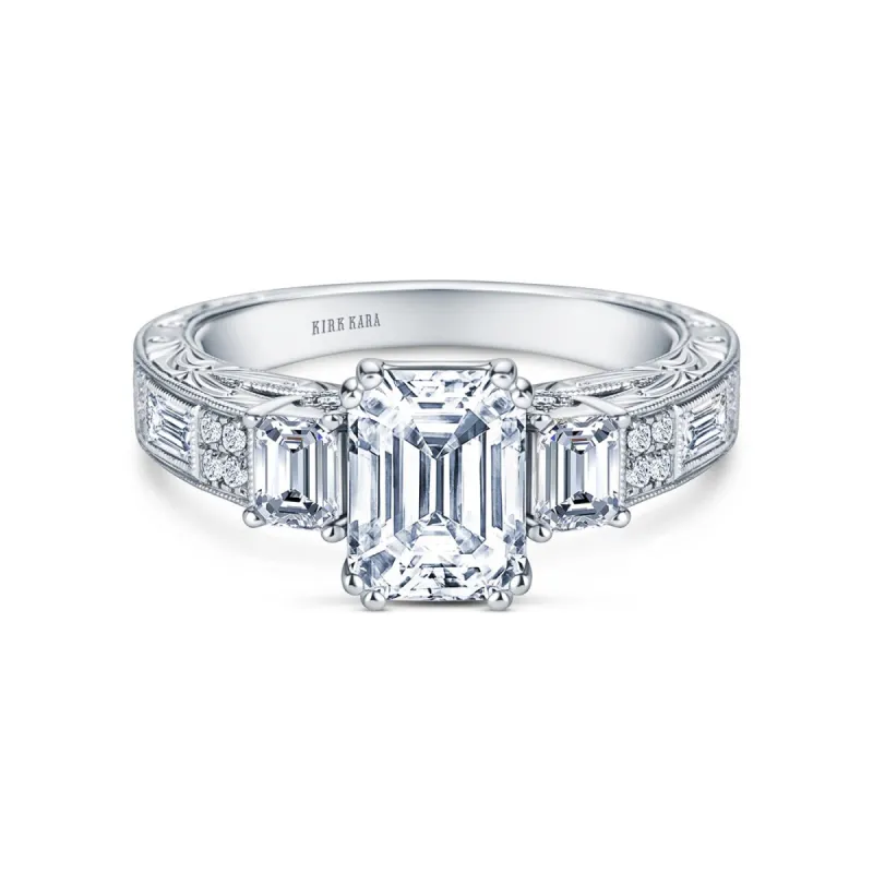 Deco Three Stone Engraved Baguette Diamond Engagement Ring sold by Kirk Kara