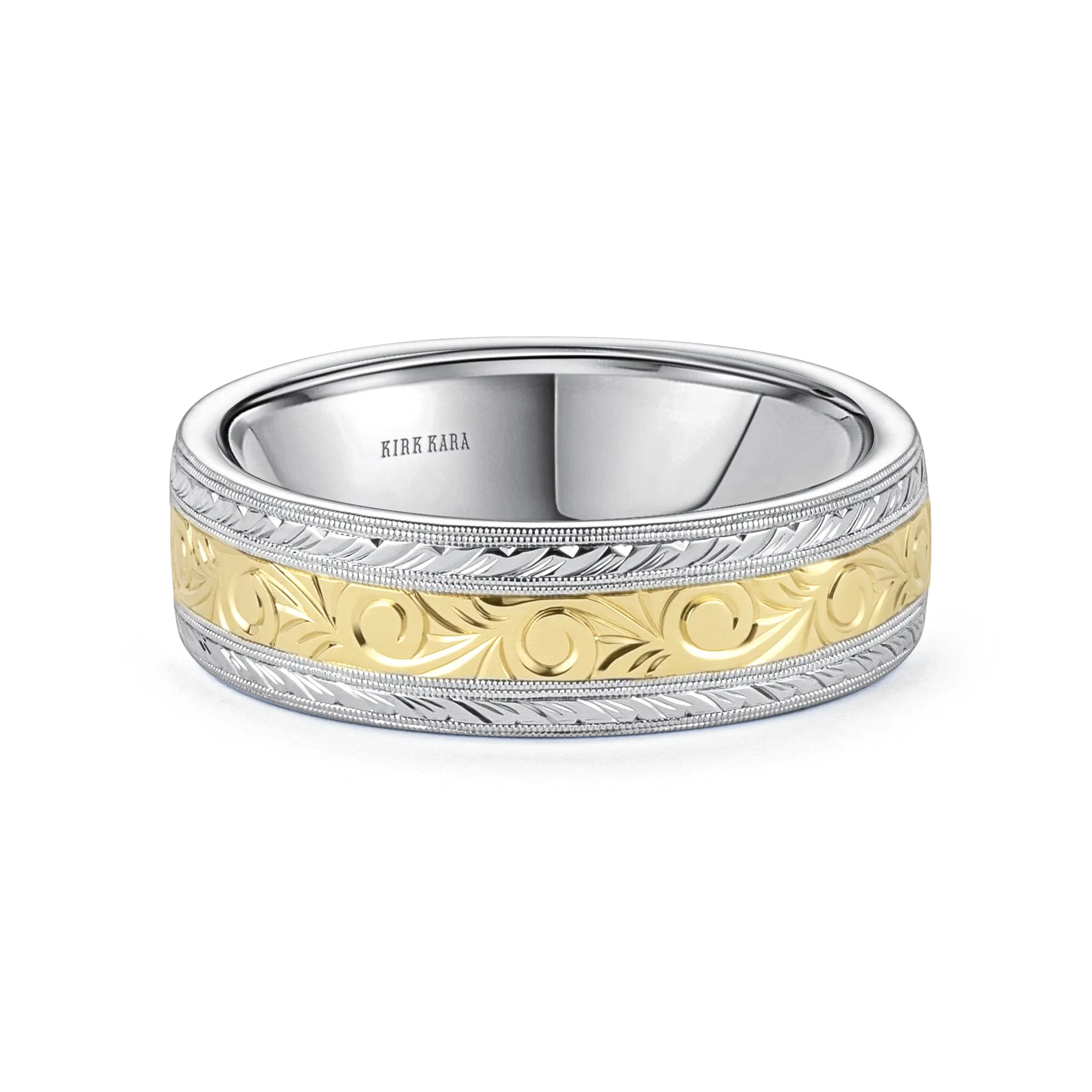 Scroll Wheat Two Tone Engraved Wedding Band, 7mm sold by Kirk Kara product image thumbnail 3