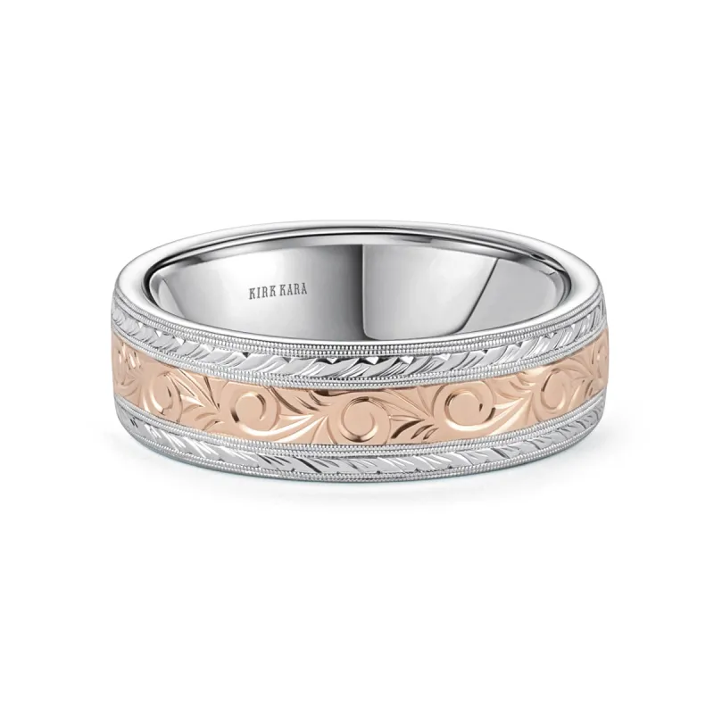 Scroll Wheat Two Tone Engraved Wedding Band, 7mm sold by Kirk Kara