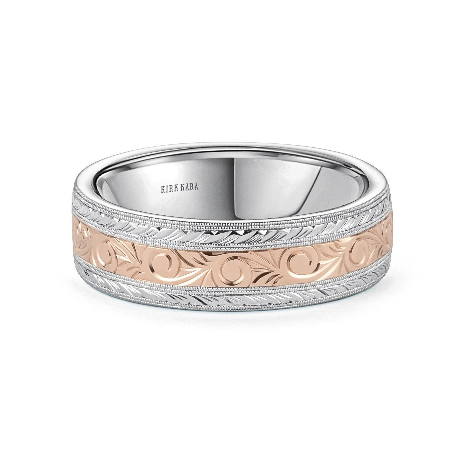 Scroll Wheat Two Tone Engraved Wedding Band, 7mm sold by Kirk Kara