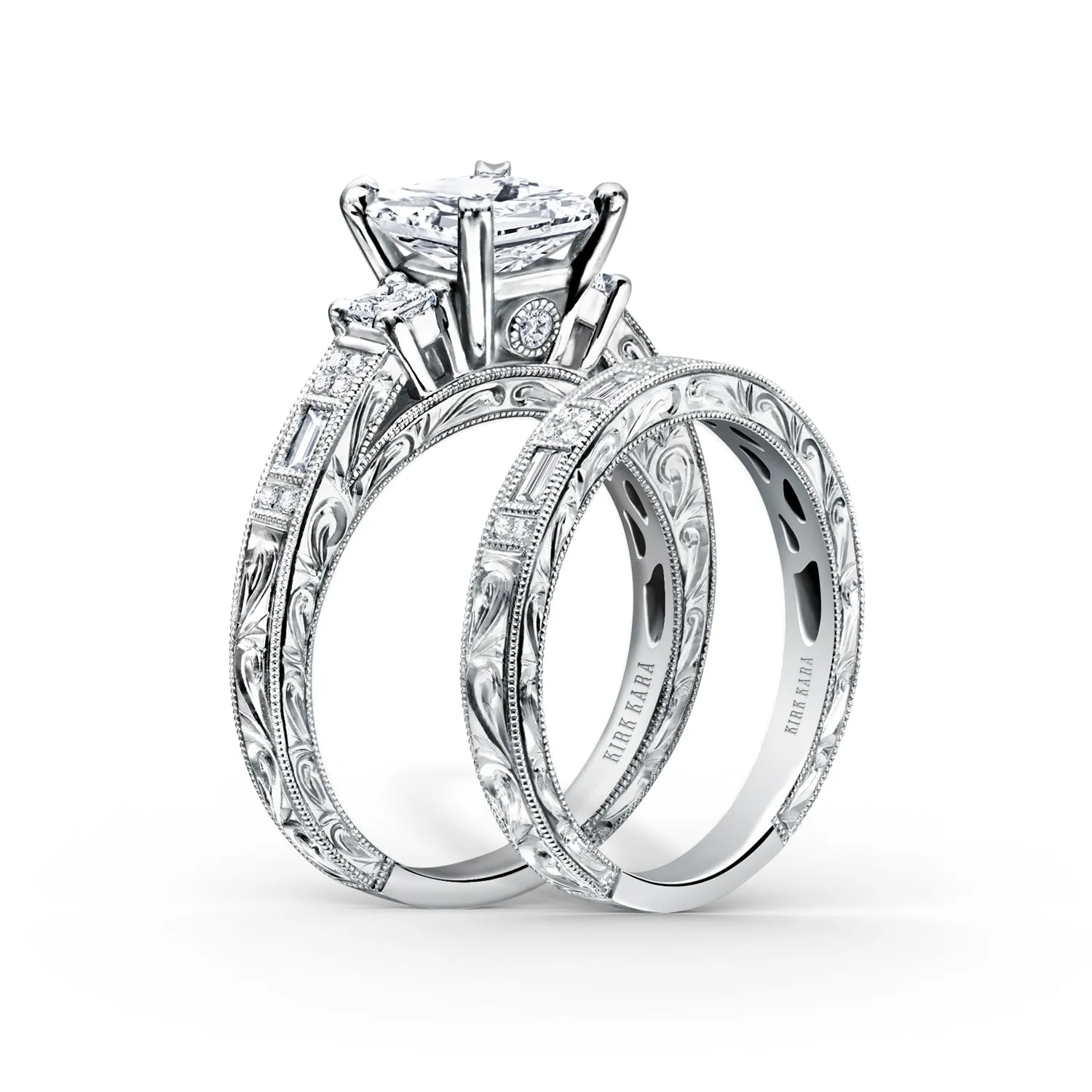 Deco Three Stone Engraved Diamond Engagement Ring sold by Kirk Kara product image thumbnail 3