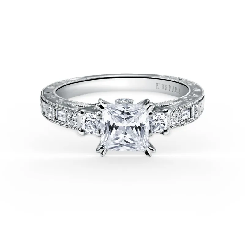 Deco Three Stone Engraved Diamond Engagement Ring sold by Kirk Kara