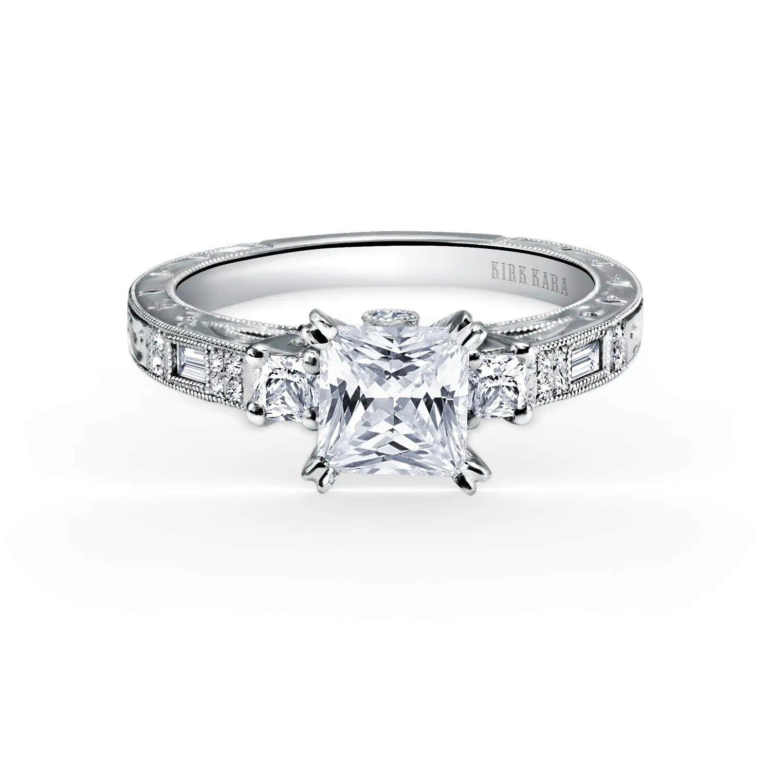 Deco Three Stone Engraved Diamond Engagement Ring sold by Kirk Kara