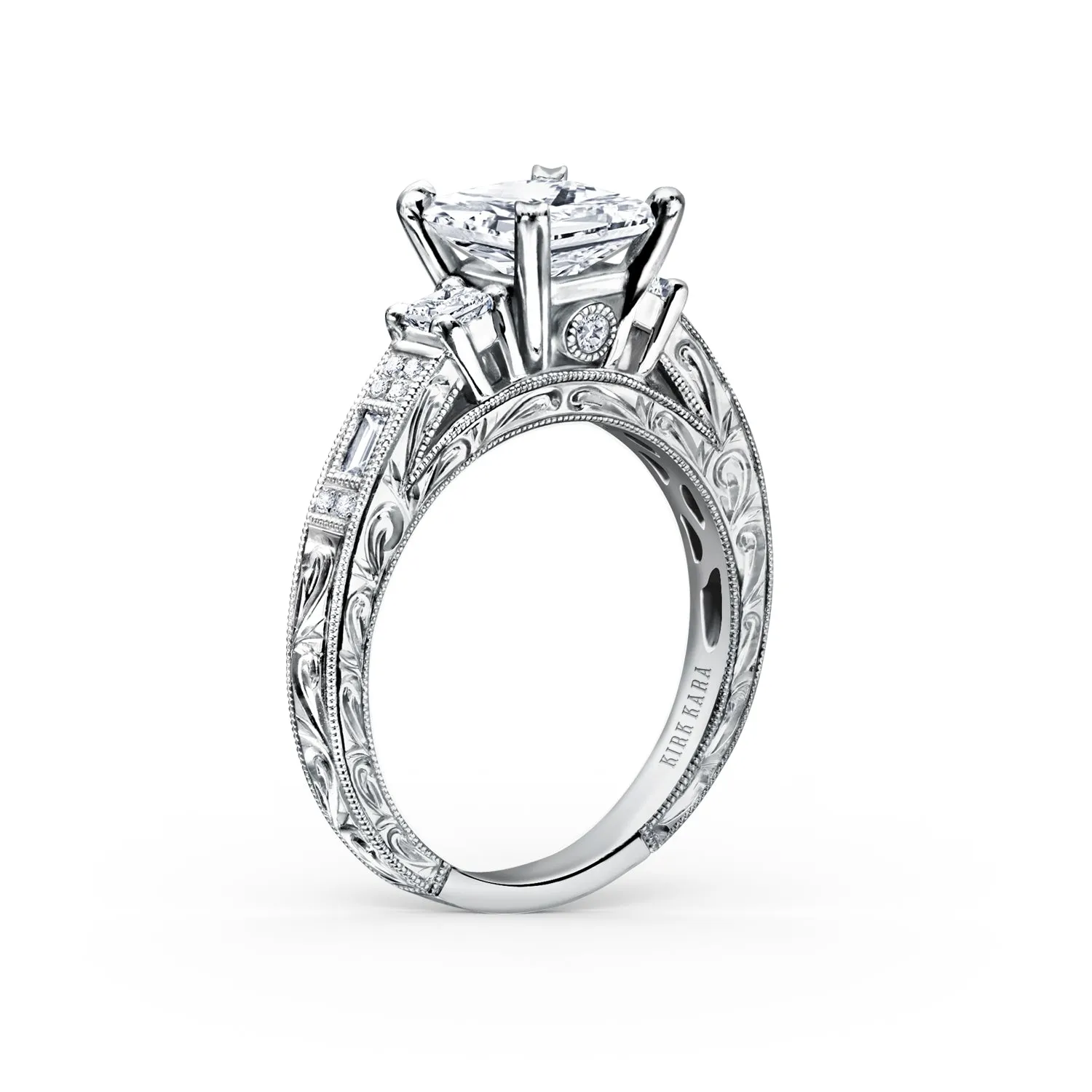 Deco Three Stone Engraved Diamond Engagement Ring sold by Kirk Kara product image thumbnail 2