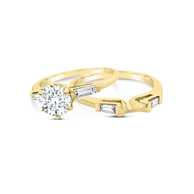18K Yellow Gold Diamond Three Stone Engagement Ring Band Set sold by Kirk Kara