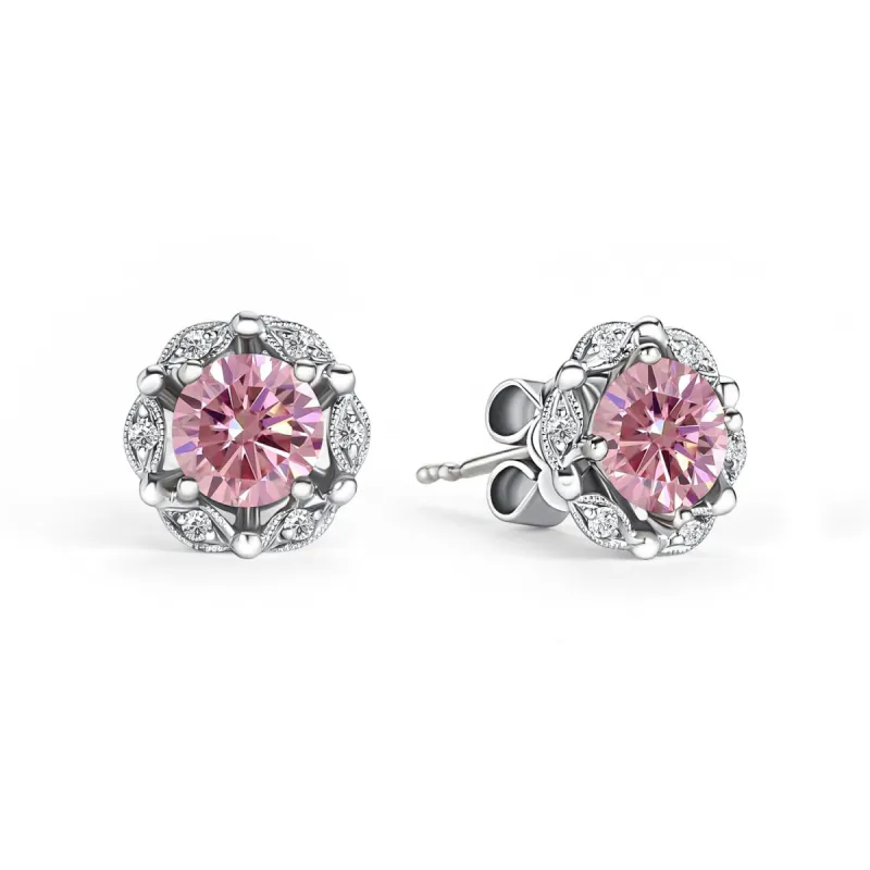 Delicate Floral Pink Moissanite Diamond Stud Earrings sold by Kirk Kara