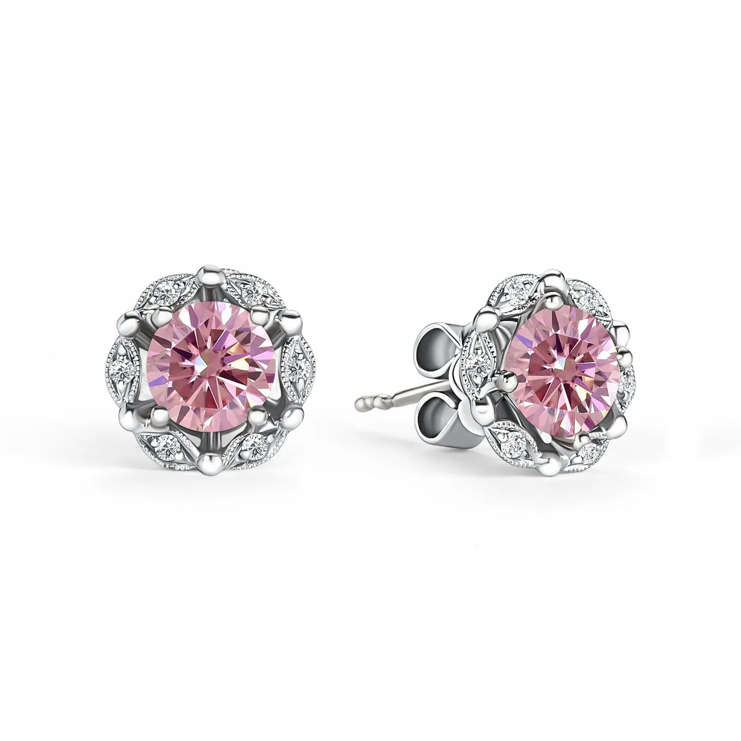 Delicate Floral Pink Moissanite Diamond Stud Earrings sold by Kirk Kara