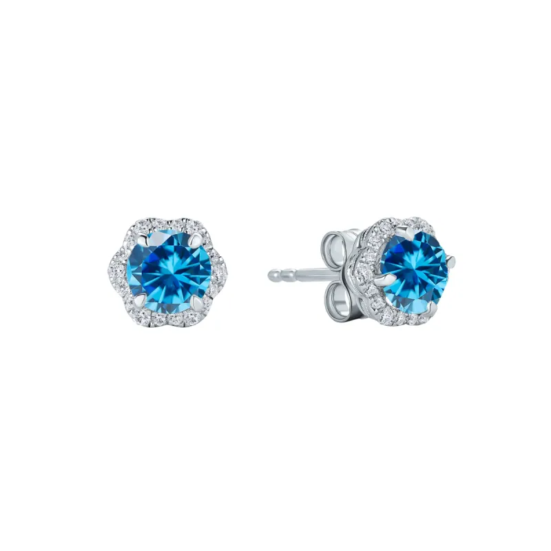 Floral Milgrain Swiss Blue Topaz Diamond Stud Earrings sold by Kirk Kara