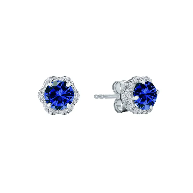 Floral Milgrain Blue Sapphire Diamond Stud Earrings sold by Kirk Kara