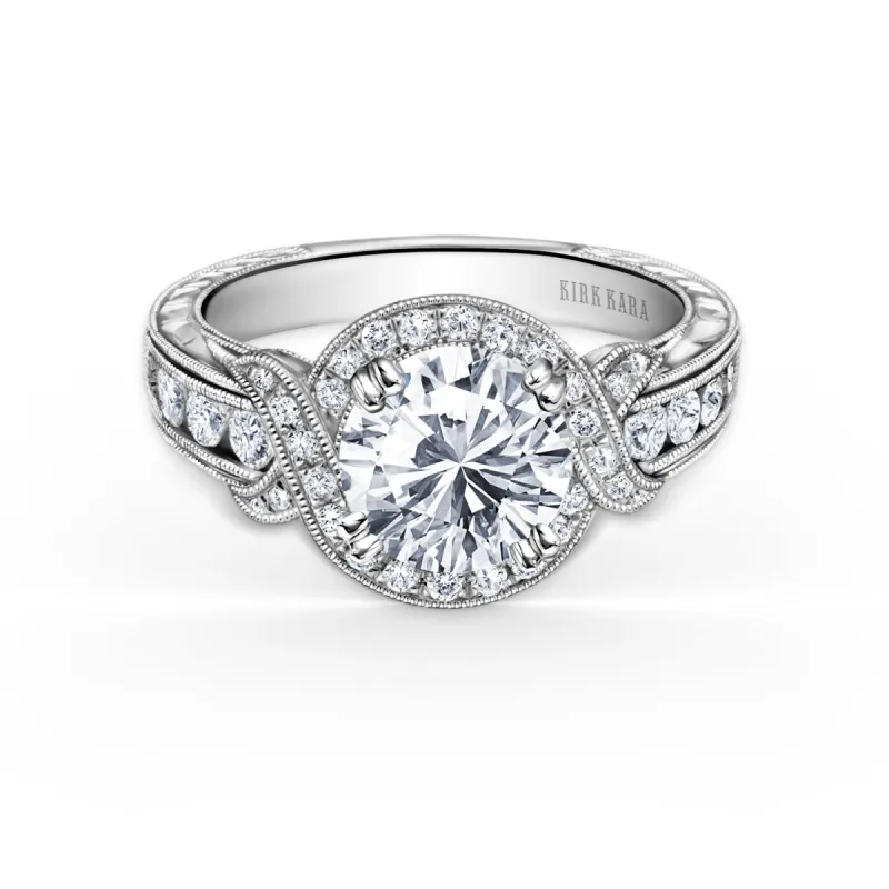 Halo Engraved Channel Set Milgrain Diamond Engagement Ring sold by Kirk Kara