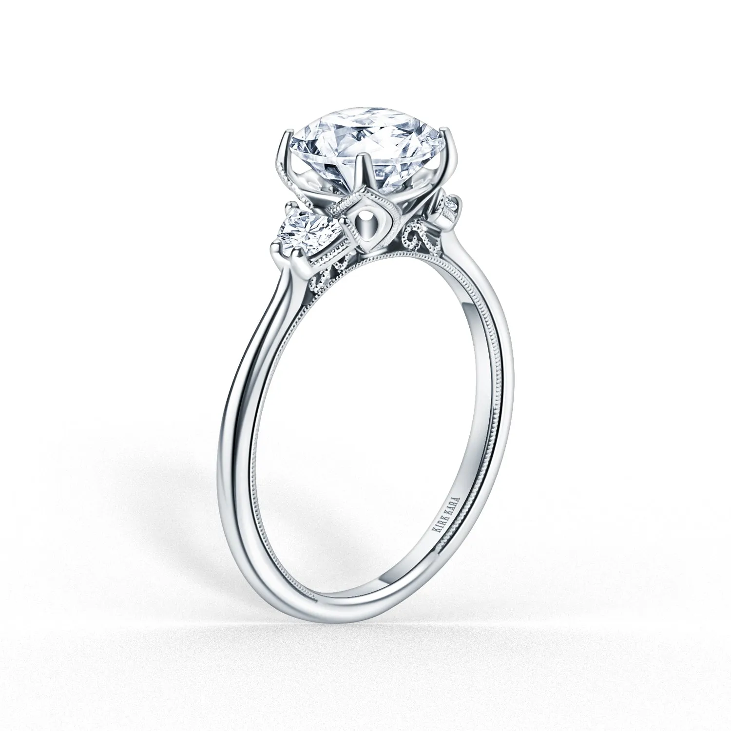 Three Stone Half Moon Side Stone Diamond Engagement Ring sold by Kirk Kara product image thumbnail 2