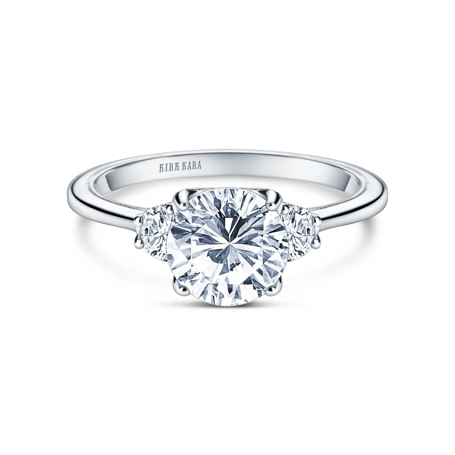 Three Stone Half Moon Side Stone Diamond Engagement Ring sold by Kirk Kara