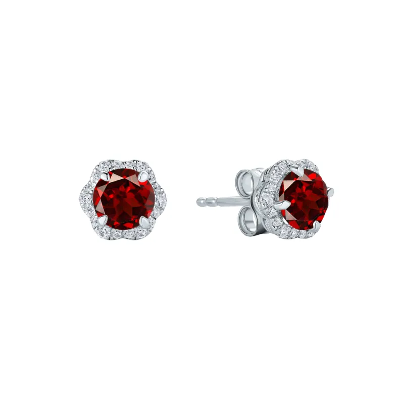 Floral Milgrain Red Garnet Diamond Stud Earrings sold by Kirk Kara