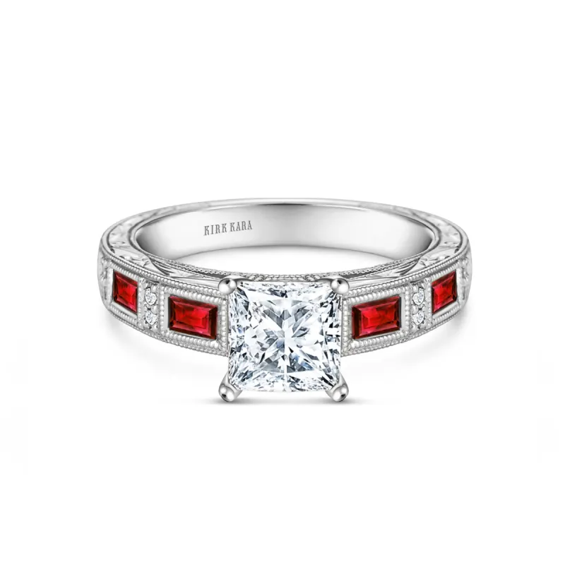 Ruby Baguette Engraved Cathedral Diamond Engagement Ring sold by Kirk Kara