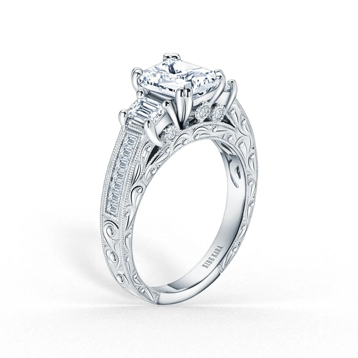 Three Stone Engraved Baguette Accent Diamond Engagement Ring sold by Kirk Kara product image thumbnail 2